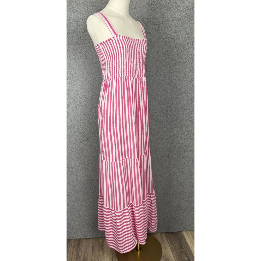 Raviya Pink & White Striped Tiered Smocked Maxi Cover Up Sleeveless Medium NWT's - Picture 3 of 8
